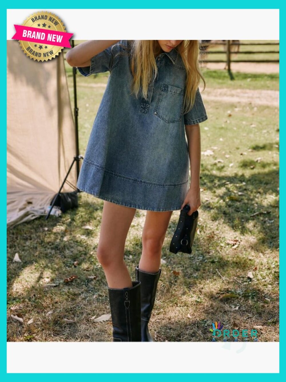 Denim Shirt Dress Mini A-Line Casual Chic Collared Short Sleeve Pockets - Picture 4 of 7